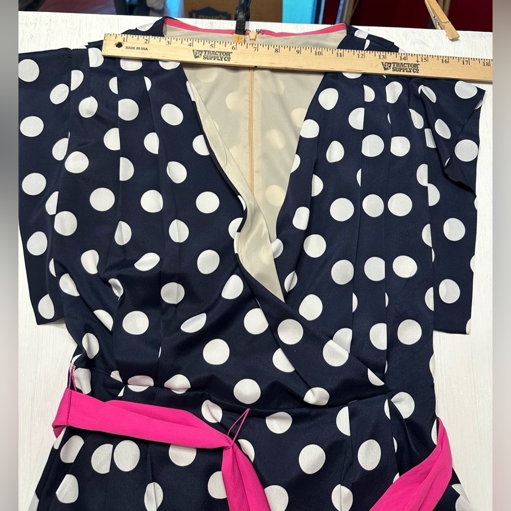 Eliza J Polka Dot Dress Size 8 Navy White Pink Belt Retro Wrap Style - Picture 7 of 9